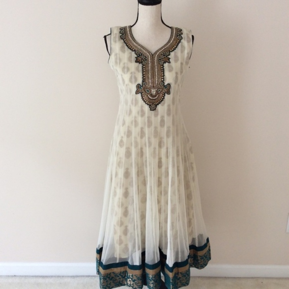 Indian Long Anarkali Suit White and Green